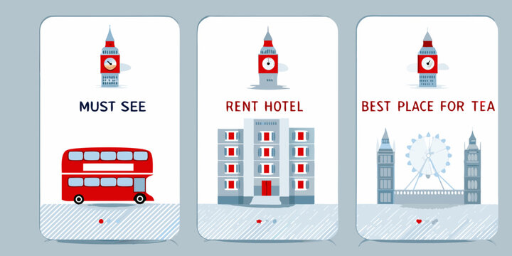 Three illustrated panels showcasing london landmarks and tourism information