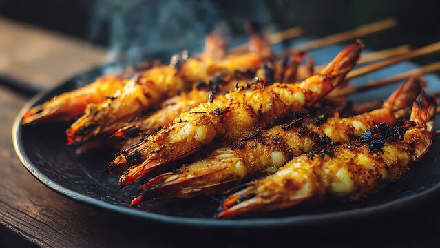 Sizzling grilled shrimp skewers, each succulent joint of seafood cooked to perfection, a gourmet delight prepared with such finesse that a knife is hardly needed