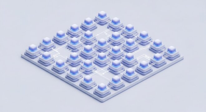 Isometric grid of glowing blue server towers connected by white lines on a light grey background data