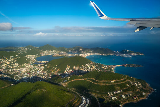 View of Sint Maarten island in the Caribbean Sea from the air.