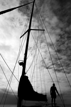 Views of the water and beaches on a catamaran sail boat on Sint Maarten island in the Caribbean Sea.