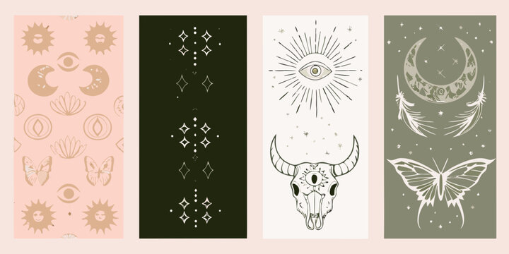 Four decorative rectangular panels featuring celestial and mystical designs