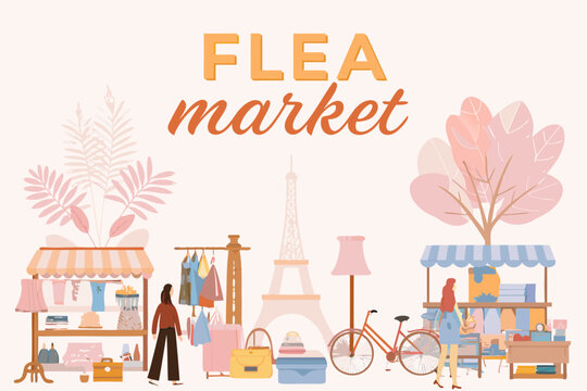 A colorful illustration depicts a vintage flea market scene with parisian elements