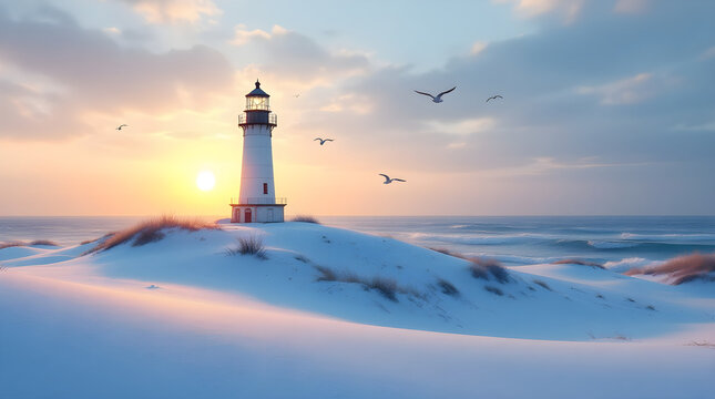 Lighthouse on snowy dune with ocean sunset