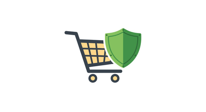 Secure Shopping Cart Icon with Green Shield for E-commerce Protection, Online Payment Safety, and Data Security