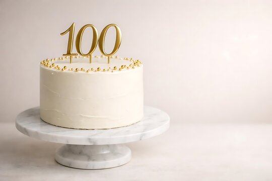 Elegant white cream cake with gold 100 topper for a centennial anniversary milestone celebration.