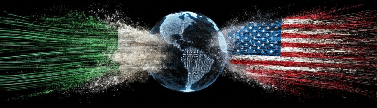Digital illustration of Earth with pixelated streams flowing from the Mexican and American flags, connection or data exchange between the two countries, Medicines stock crisis during US and Iran war