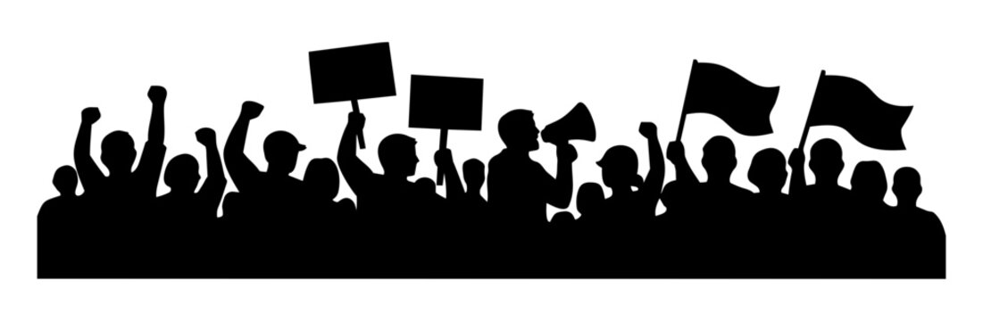 Protest Crowd Silhouette Vector &ndash; Demonstration People with Signs, Flags and Megaphone