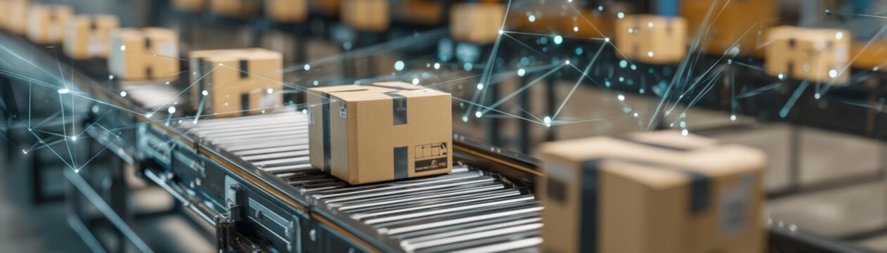 A conveyor belt transports labeled cardboard boxes in a warehouse, overlaid with a digital network graphic smart logistics and automation, Medicines stock crisis during US and Iran war