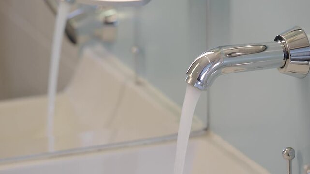 Water flowing from a shiny chrome faucet into a white bathtub, capturing the continuous stream and the reflective surface in a clean bathroom setting
