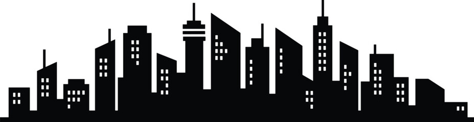 Stylized urban city skyline silhouette with skyscrapers, office towers, residential buildings, communication tower, modern architectural landmark illustration design © Raianbin