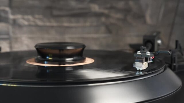 Close Up of Vinyl Record Playing on Turntable 