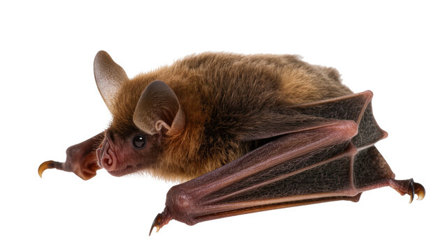 Detailed studio shot of a small brown bat, showcasing its prominent ears and delicate wings