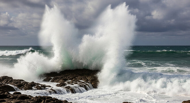 Ocean waves crashing violently against rocks during stormy weather