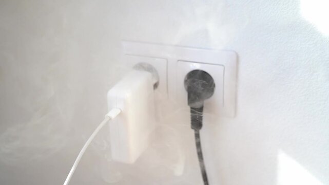 Charger overheating smoke. High quality FullHD footage