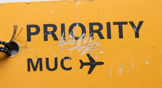 Close-up of a scratched yellow priority luggage tag with airport code MUC