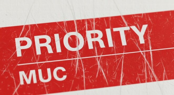 Close-up of a priority label with MUC notation and scratched surface