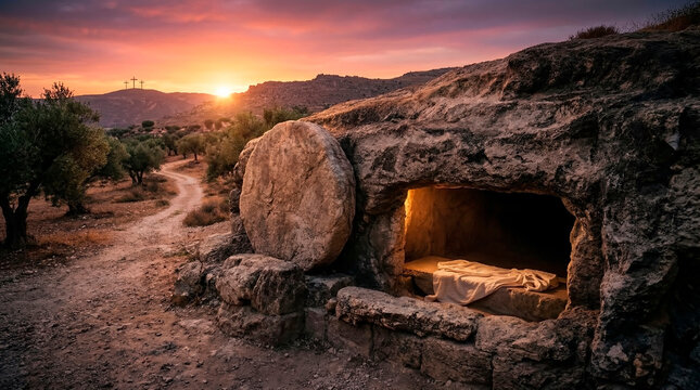 Empty Tomb Scene at Sunset for the concept of resurrection and hope.