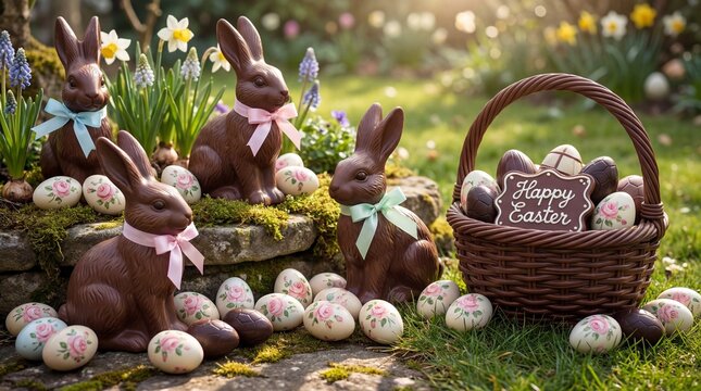 Happy Easter - Joyeuses P&acirc;ques ambiance de printemps avec des lapins en chocolat, oeufs en chocolat et des oeufs peints avec une rose et panier en chocolat. Generative AI
