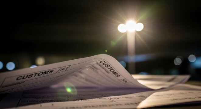 Customs declaration forms laid out at night under a bright street lamp