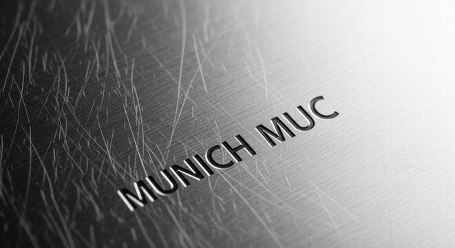 Close-up of scratched brushed metal surface with embossed text 'Munich MUC'