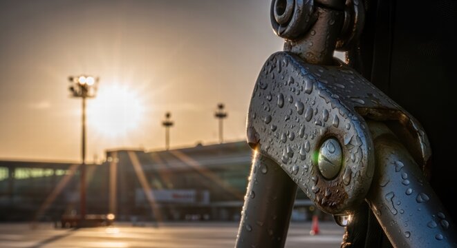 Close-up of wet metal hardware at an airport during a golden hour sunrise