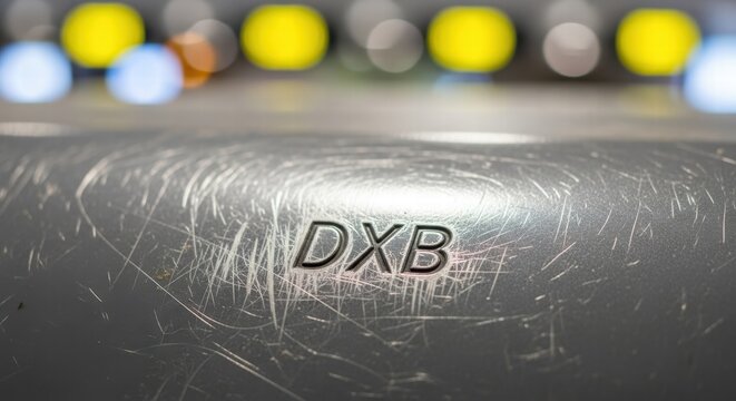 Close-up of scratched metallic surface with embossed DXB logo and bokeh lights
