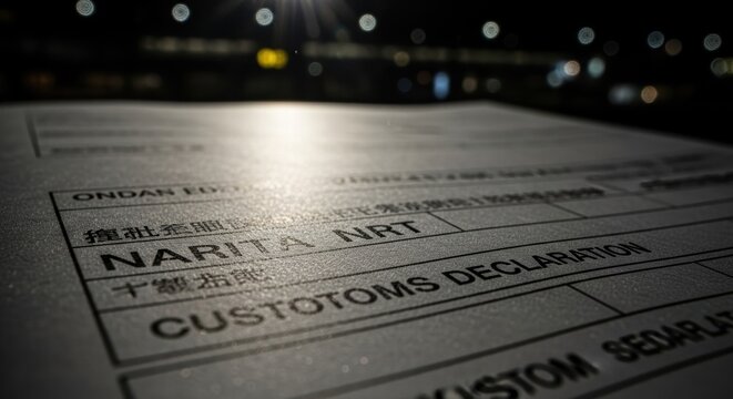 Close-up of a customs declaration form with "NARITA NRT" and "CUSTOMS DECLARATION" visible