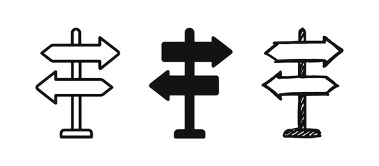 Direction signpost with arrows icon in line, glyph, and hand-drawn styles, for choice and navigation. © ICONS FOR YOU