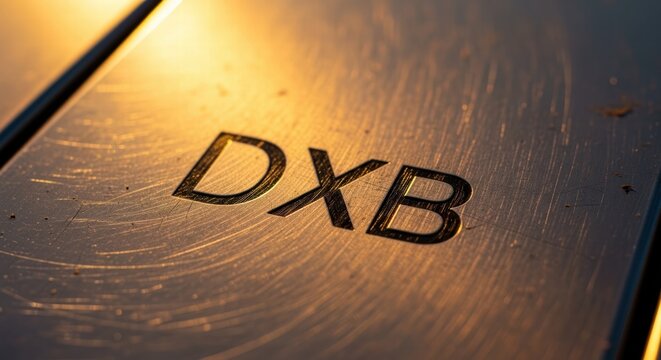 Close-up of engraved letters DXB on a textured metallic surface with warm lighting
