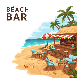 Tropical Beach Bar Illustrations &ndash; Vibrant Coastal Scene with Palm Trees, Ocean & Relaxation for Social Media, Merchandise & Digital Projects