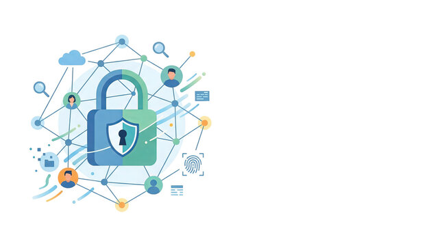 Cybersecurity Concept With Padlock Shield On Transparent Background With Network Connections And Icons Representing Data Protection And Privacy, Isolated Elements, Cutout, PNG.