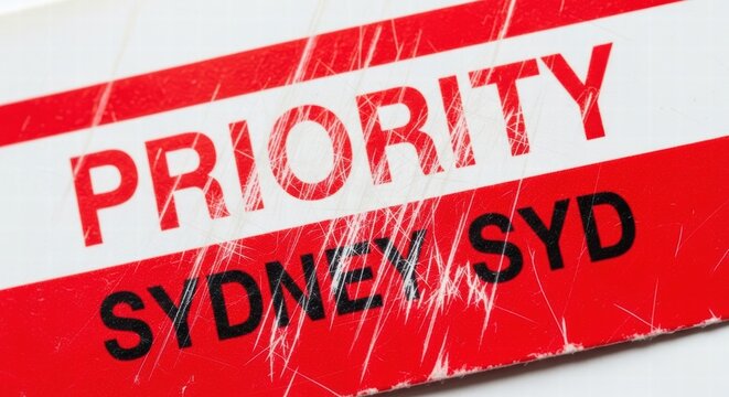 Close up of a scratched priority shipping label with Sydney destination