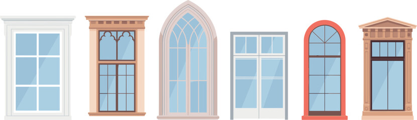 Fototapeta premium Window styles collection with classic and modern designs, architectural exterior elements vector set