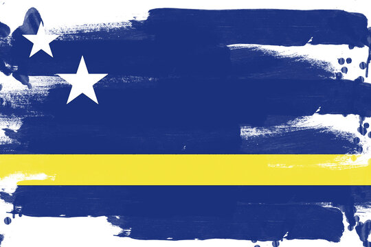 Official National Flag of Cura&ccedil;ao, a Caribbean Island Country, Displaying a Vibrant Blue Background with a Yellow Stripe and Two White Stars