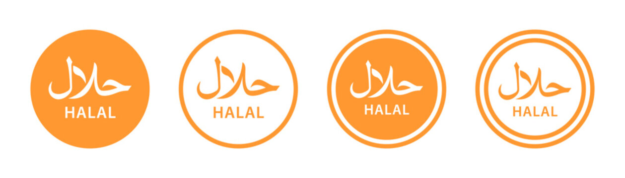 Halal logo symbol certified icon set. Orange halal food product label. Halal islamic food certification vector illustration