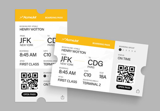 Digital Boarding Pass Template, Airline Ticket Design, QR Travel Pass & Mobile Wallet Card Mockup