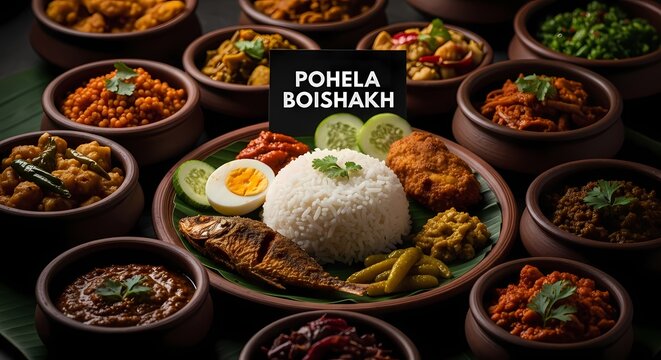 Traditional Pohela Boishakh Panta Ilish Feast.Shubho Noboborsho Bengali New Year Celebration Background