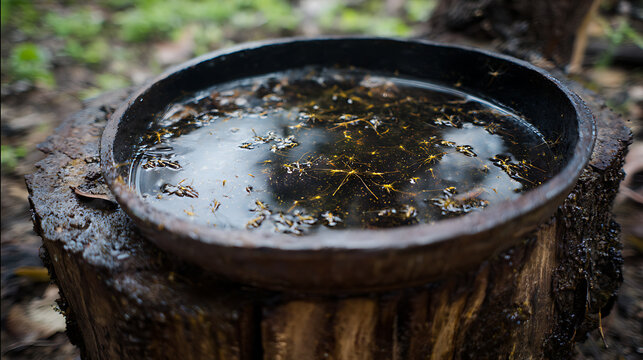 Close-up of old metal pan with stagnant water and mosquito larvae on tree stump in natural outdoor setting, concept of pest control