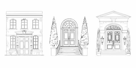 Fototapeta premium Sketch of three ornate building facades with detailed doorways and windows