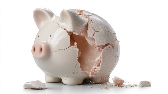 Cracked ceramic piggy bank with missing pieces, revealing empty interior, surrounded by scattered fragments on a clean white surface