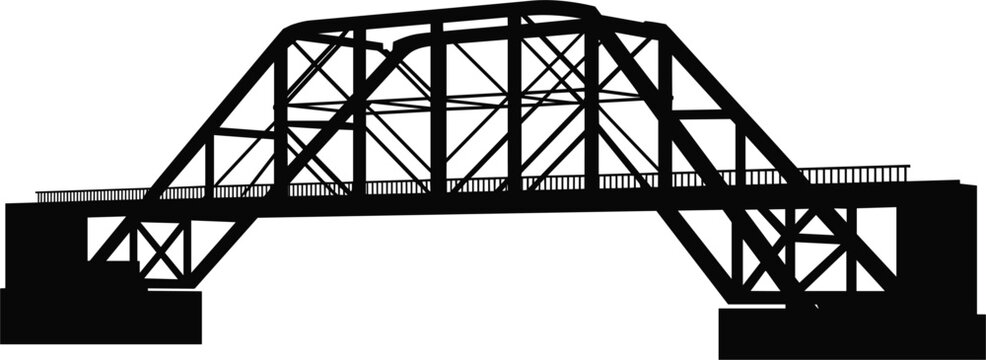 Steel bridge silhouette structure with truss design, industrial architecture black vector illustration element