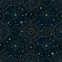 Seamless pattern with celestial elements stars and golden astronomical symbols © Tarun
