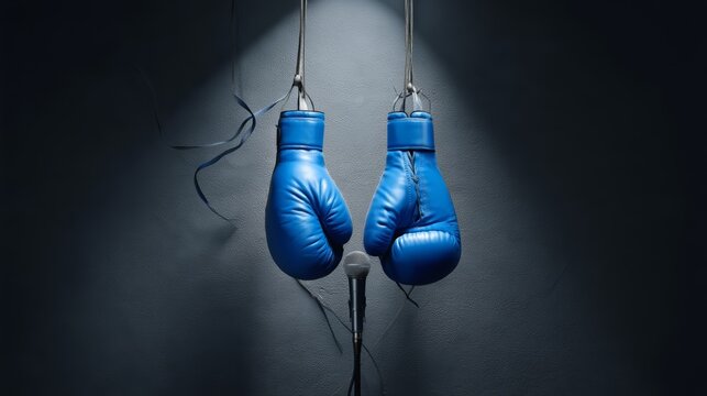 Blue boxing gloves hanging from a microphone in a dimly lit space, with shadows creating a dramatic effect on the textured wall behind