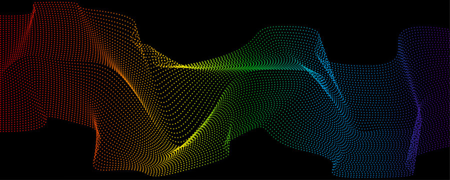 Abstract rainbow dot wave on black background. Spectrum gradient particle flow. Digital data technology and sound wave visualization banner.