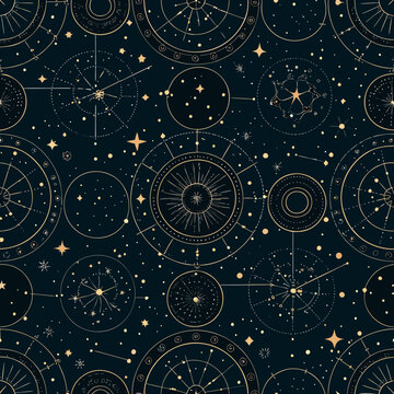 Seamless pattern with celestial elements stars and golden astronomical symbols