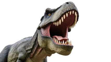 Fototapeta premium Imposing Tyrannosaurus Rex dinosaur roaring with mouth open, showcasing sharp teeth and tongue