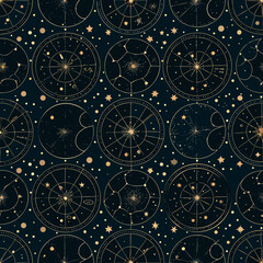 Seamless pattern of golden astronomical charts and celestial star constellations © Tarun