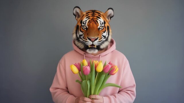 Person with Realistic Tiger Mask and Pink Hoodie Holding a Bouquet of Colorful Tulips Against Gray Background