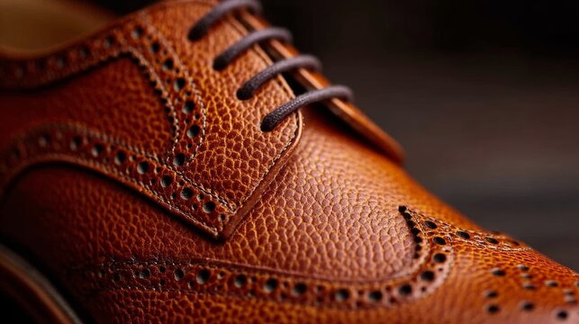 Close-up of a brown leather dress shoe featuring intricate brogue detailing and laces, showcasing craftsmanship and texture against a blurred background
